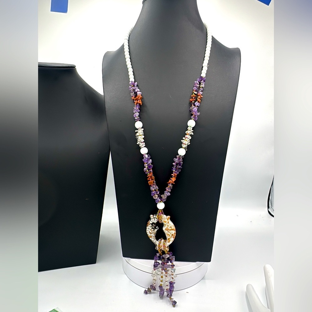 Vintage amethyst, rock crystal, goldstone, milk glass pendant/necklace​